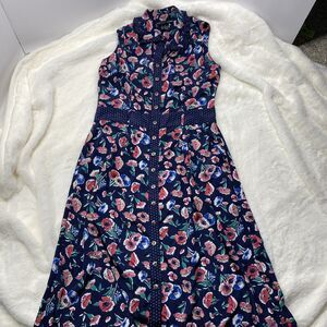 ANTILIA FEMME Vintage Style Floral Midi Dress Navy Blue Polka Dot Trim Small S